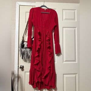 Elegant Red Ruffle Long Sleeve Sheer Dress
